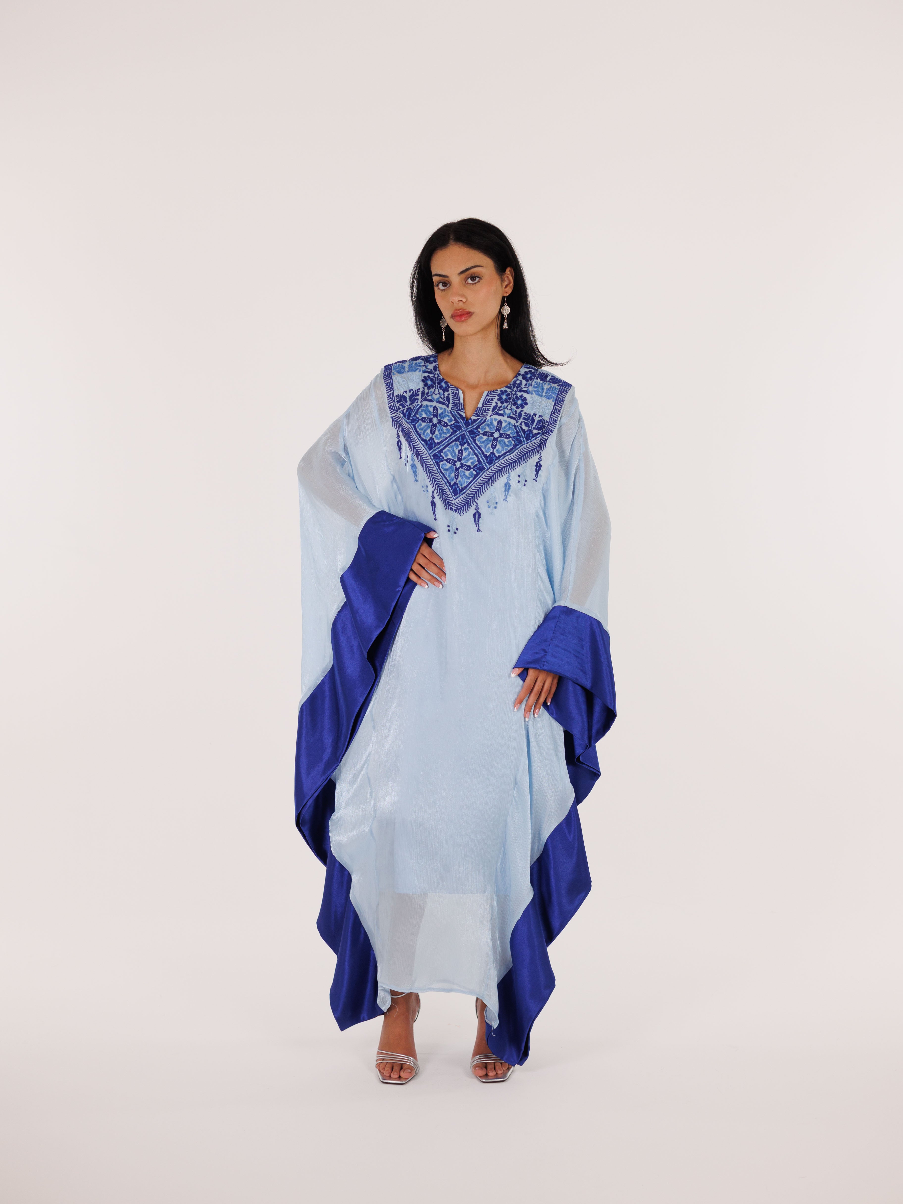 Qabbeh Abaya Satin Trim Dress - Blue