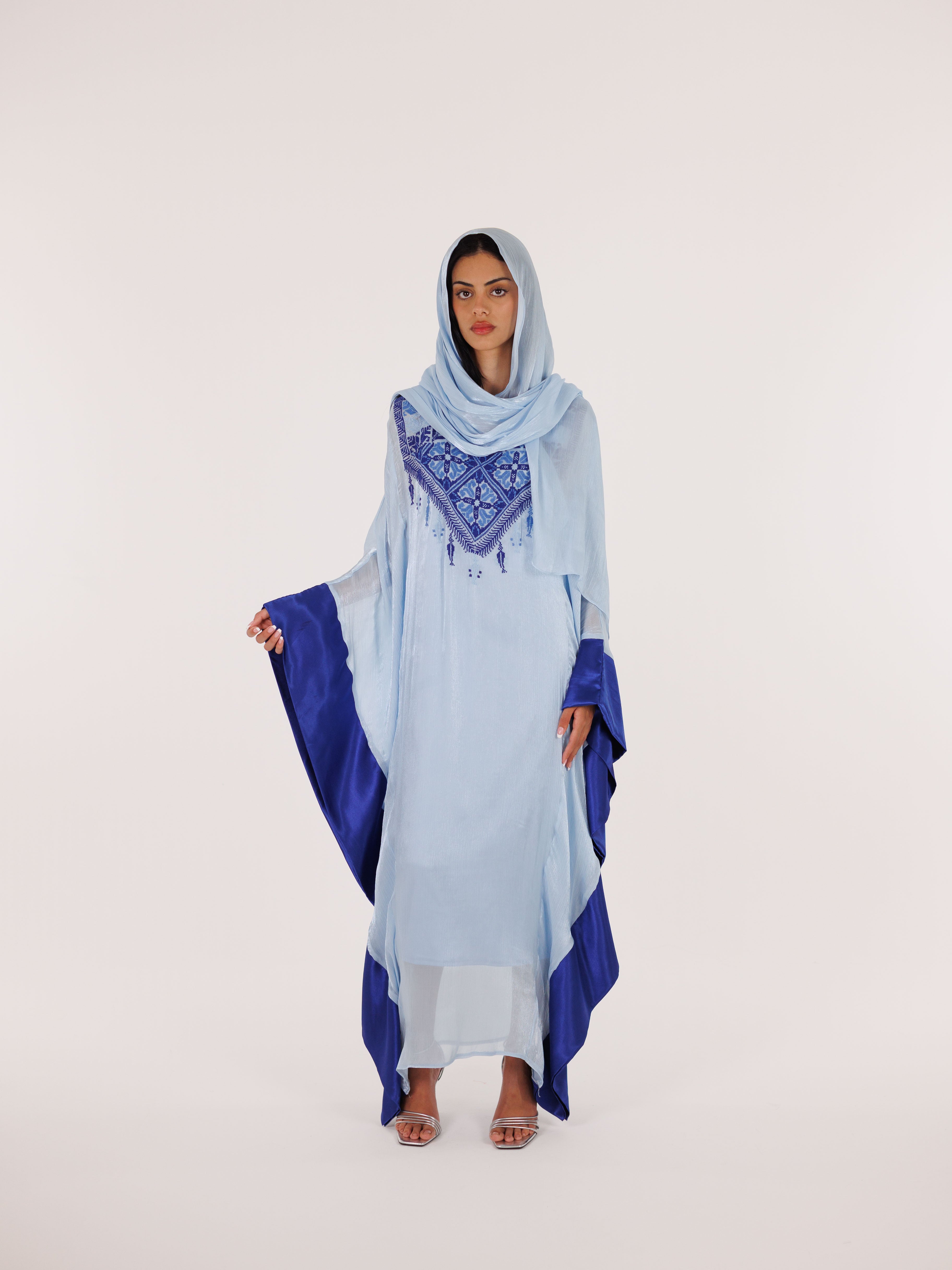 Qabbeh Abaya Satin Trim Dress - Blue