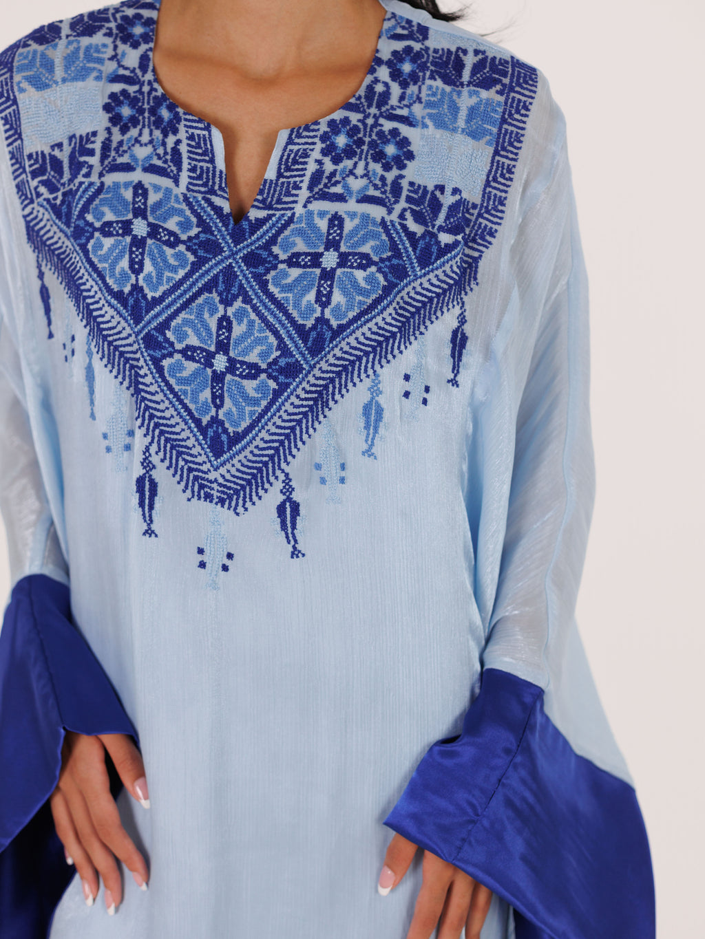 Qabbeh Abaya Satin Trim Dress - Blue