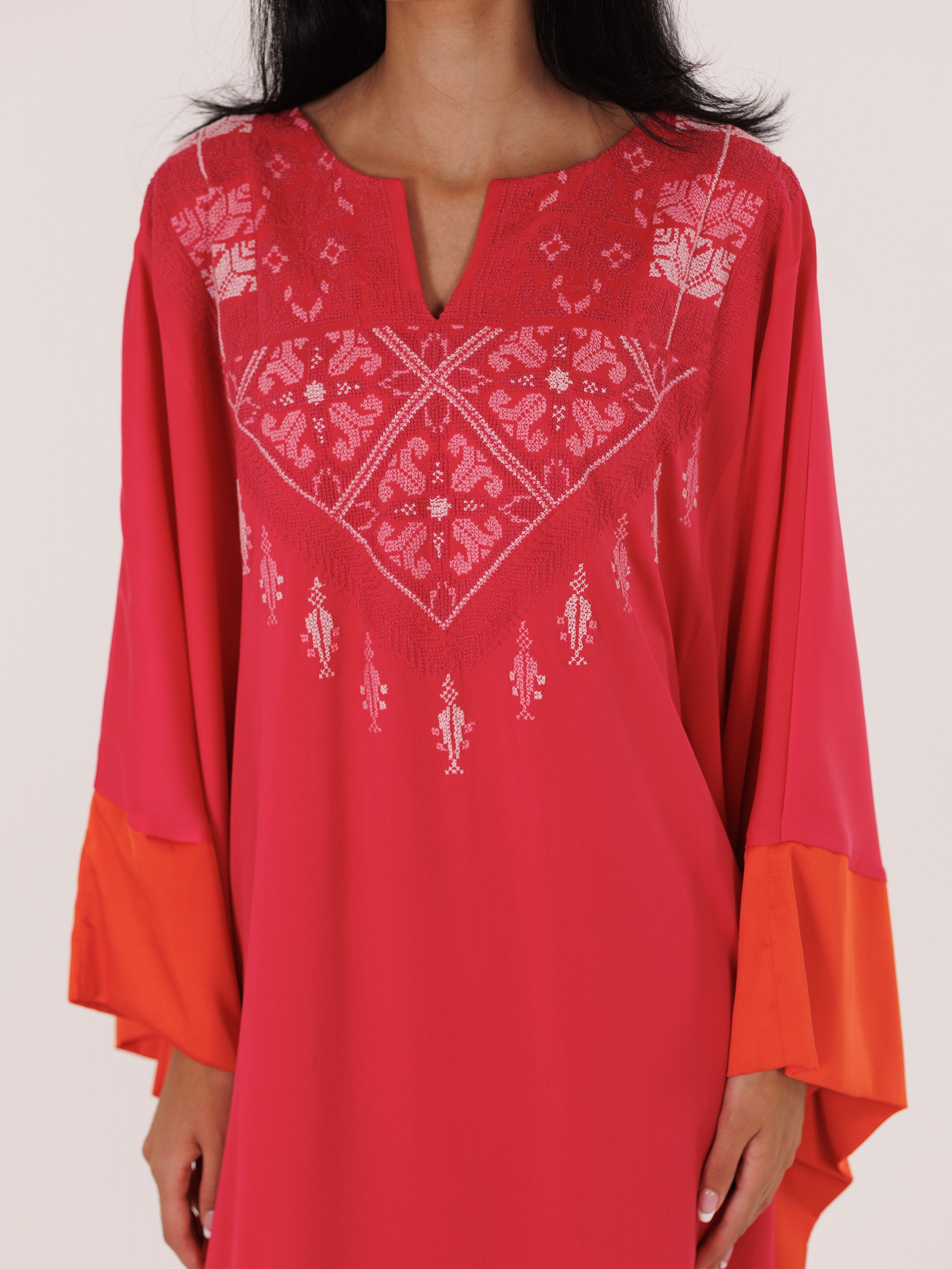 Qabbeh Abaya Satin Trim Dress - Pink