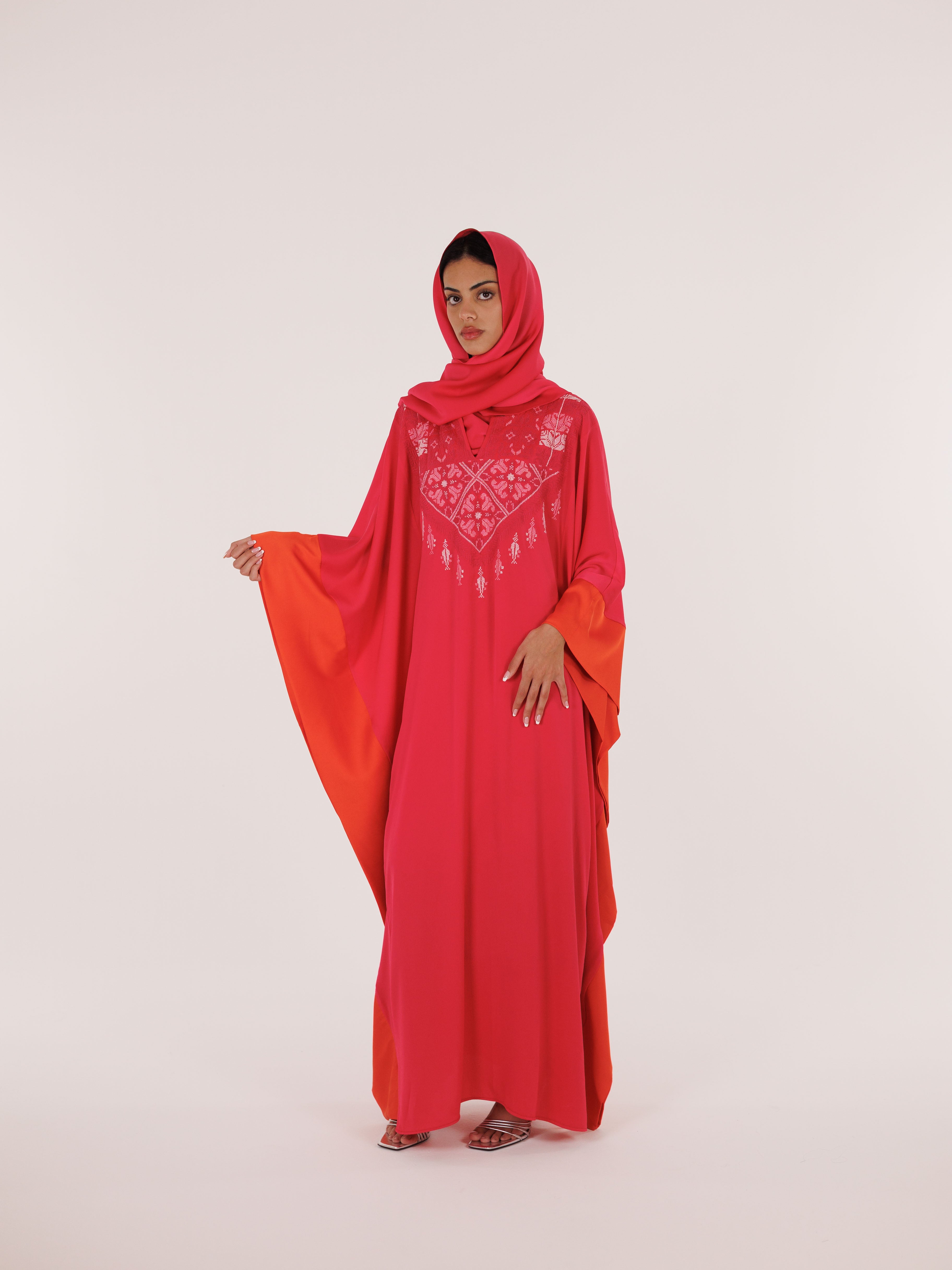 Qabbeh Abaya Satin Trim Dress - Pink
