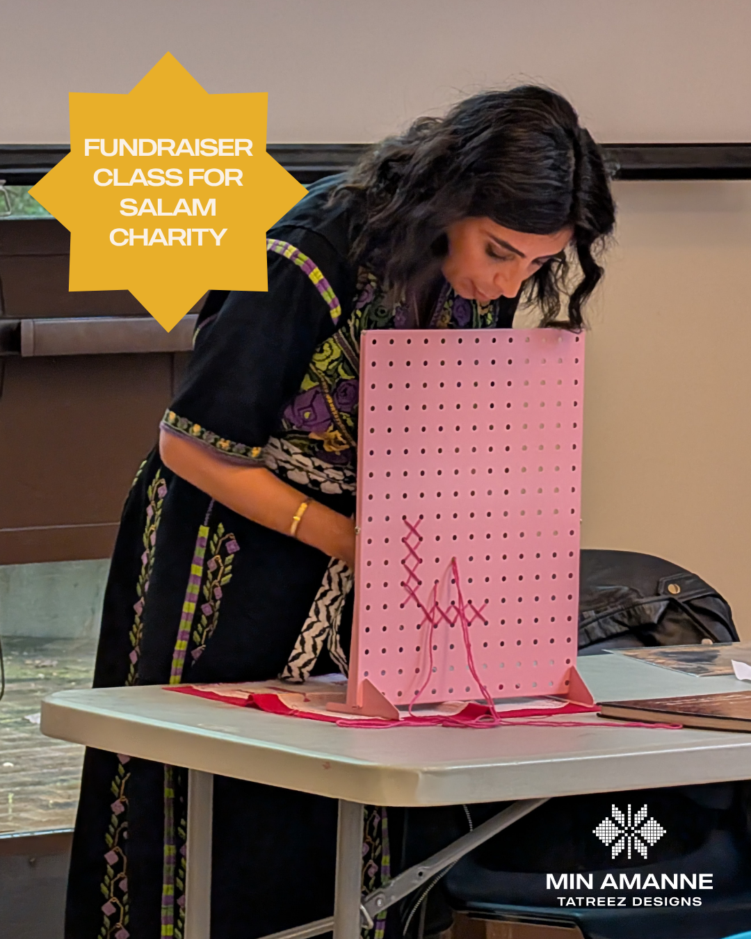 Person working on a pink craft project at a table with 'Min Amane Tatreez Designs' branding.