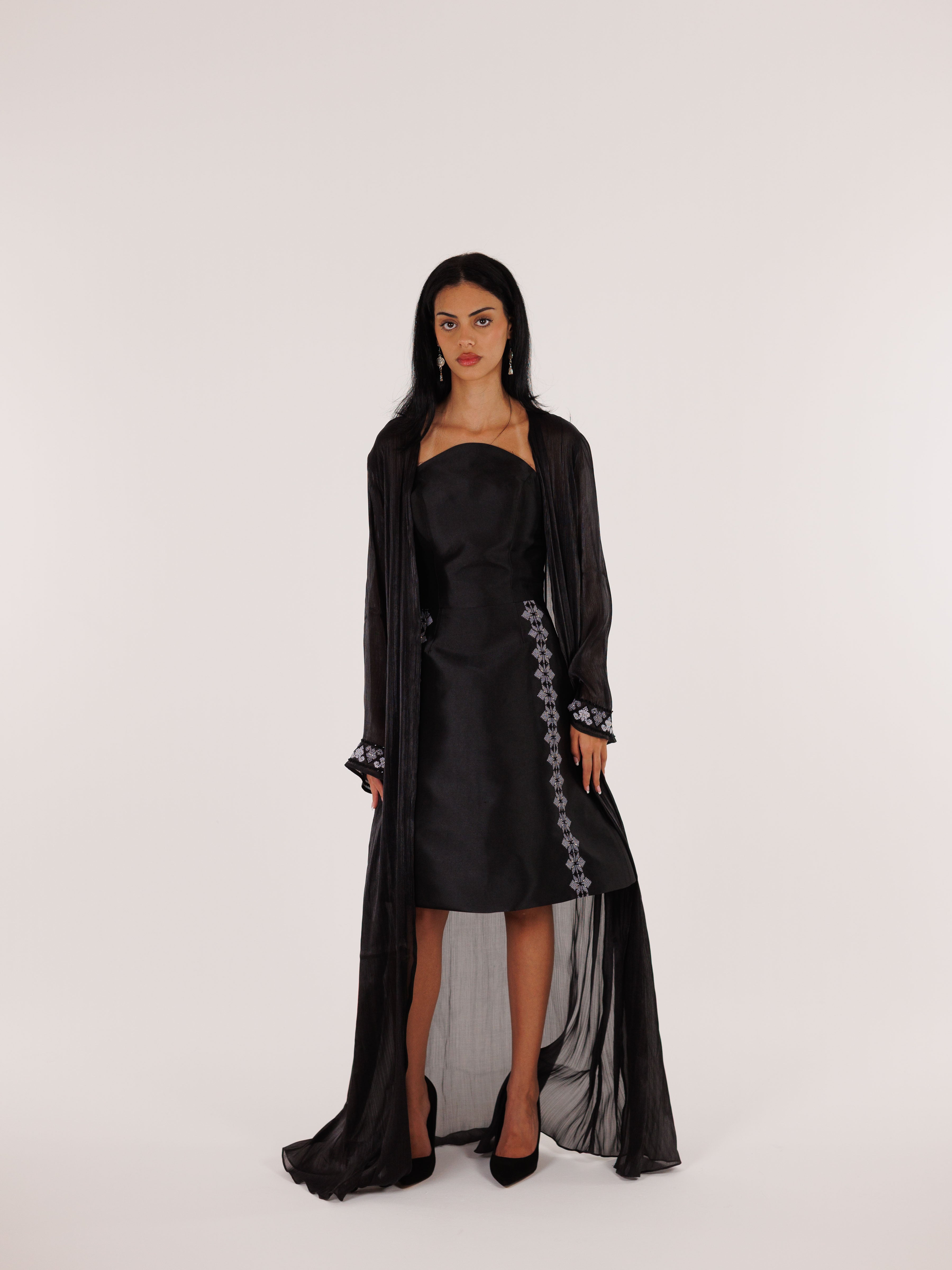 Ayn Kabeera Strapless Dress + Abaya Set - Midi - Black